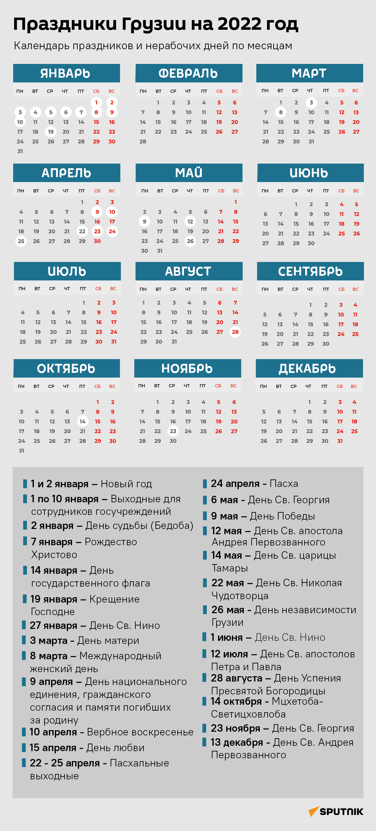 Календарь праздников и выходных в Грузии в 2022 году - 05.01.2022, Sputnik  Грузия