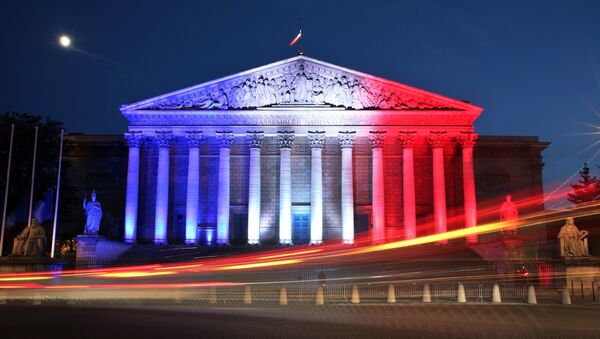 Здание Национальной ассамблеи в цветах флага Франции в Париже в День Бастилии - Sputnik Грузия
