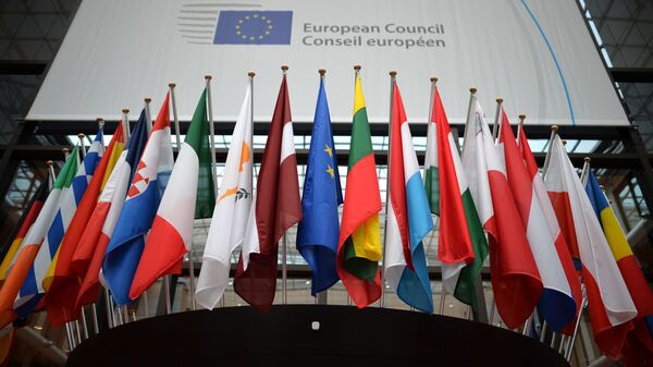 Флаги стран входящих в ЕС в здании Европарламента в Брюсселе - Sputnik Грузия