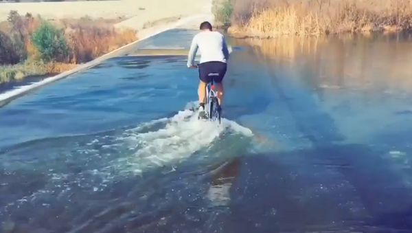 Велосипедист решил смело пересечь реку, но все пошло не по плану – видео - Sputnik Грузия