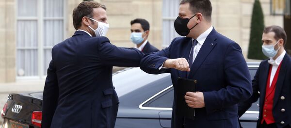 Пандемия коронавируса COVID -19. Президент Франции приветствует премьер-министра Эстонии в Париже - Sputnik Грузия