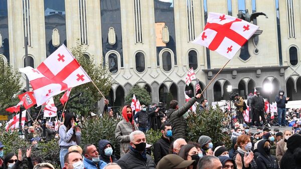 Акция протеста оппозиции 14 ноября 2020 года - активисты у парламента с флагами - Sputnik Грузия