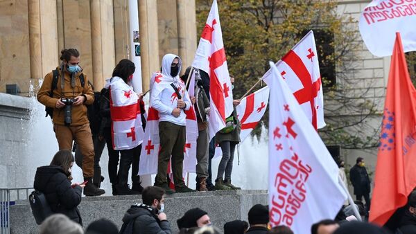 Акция протеста оппозиции 14 ноября 2020 года - митингующие в масках и с флагами - Sputnik Грузия