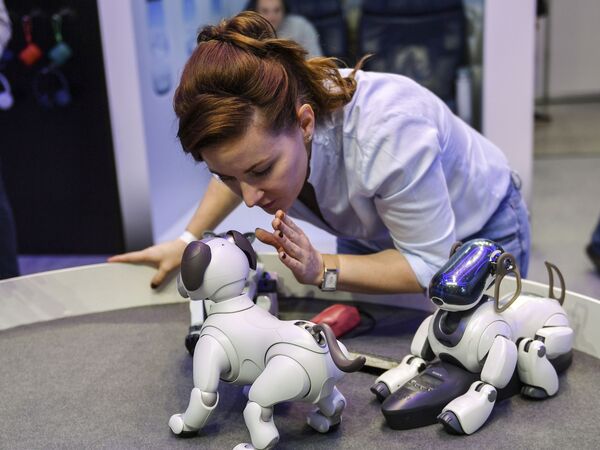 Девушка дает команду собаке-роботу Аibo, представленной на стенде компании Sony на официальном открытии выставки М.Видео Electronics Show 2019 в выставочном центре Крокус Экспо в Москве

 - Sputnik Грузия