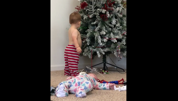 Малыш что-то задумал у новогодней елки и обернулся с пугающей улыбкой на лице – видео - Sputnik Грузия