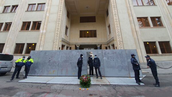 Парламент Грузии - охрана у верхнего входа и железный забор против оппозиции - Sputnik Грузия