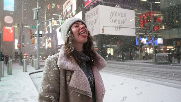 Турист во время снегопада на Таймс-сквер в Нью-Йорке - Sputnik Грузия