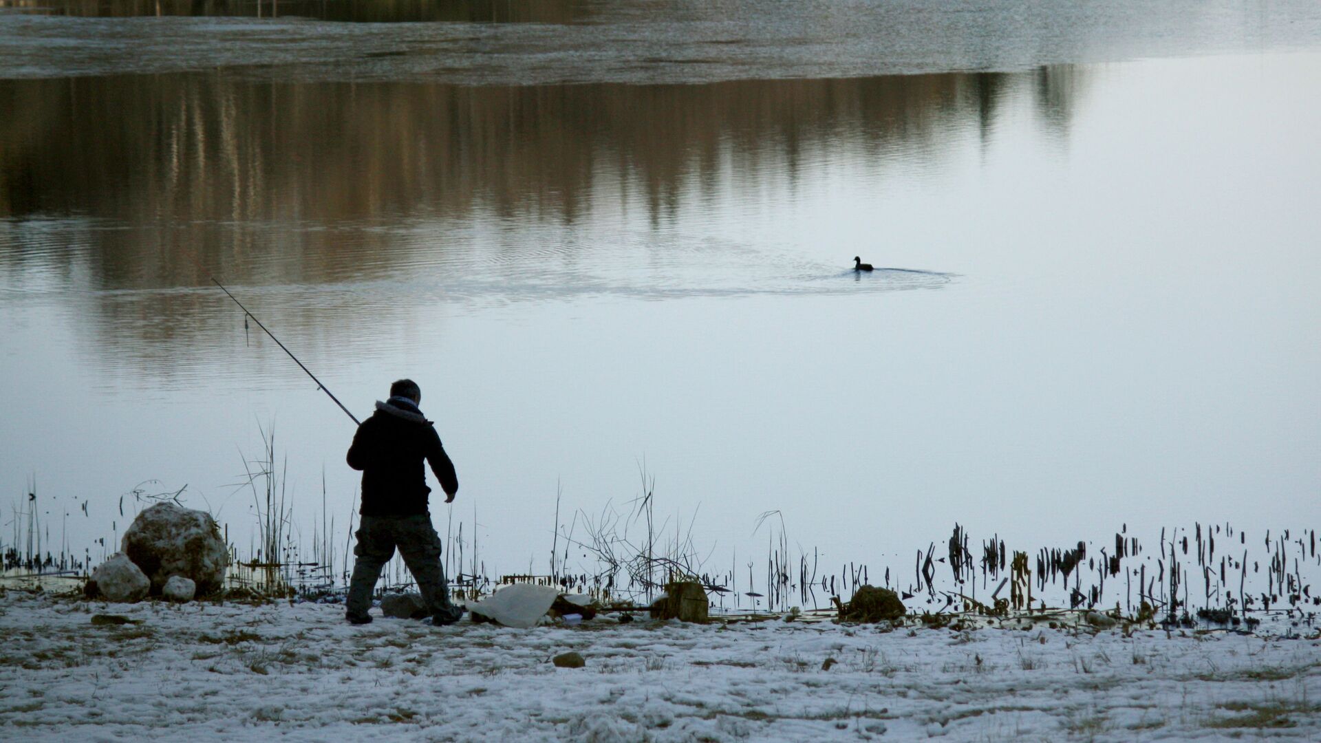 Прогулка январским утром: рыбак ловит рыбу на Черепашьем озере зимой - Sputnik Грузия, 1920, 23.01.2022