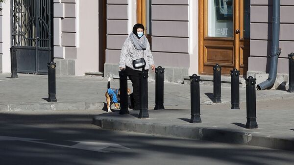 Эпидемия коронавируса - женщина в маске гуляет по улице с собакой - Sputnik Грузия