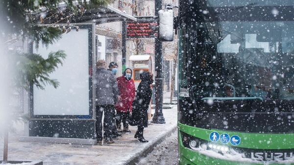 Эпидемия коронавируса - пассажиры в масках на автобусной остановке в снег - Sputnik Грузия