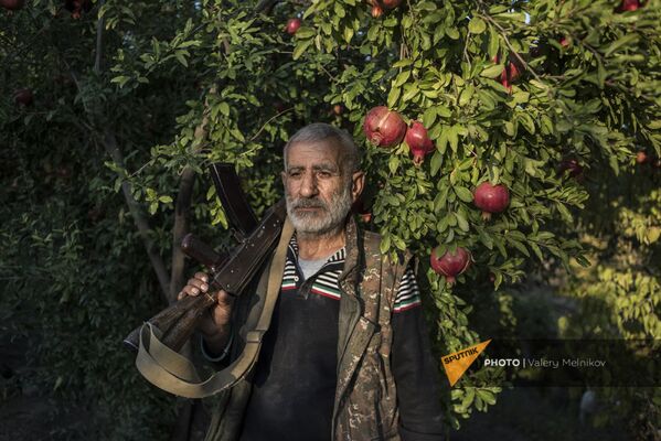 Местный житель Анушаван стоит в гранатовом саду во дворе своего
дома. В его руке старый автомат Калашникова, который остался у него с первой карабахской войны - Sputnik Грузия