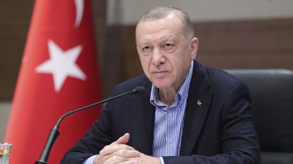 Президент Турции Реджеп Тайип Эрдоган на фоне турецкого флага во время пресс-конференции  - Sputnik Грузия