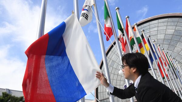 Вывешивание флага России у международного выставочного центра INTEX Osaka перед открытием саммита Группы двадцати в японской Осаке - Sputnik Грузия
