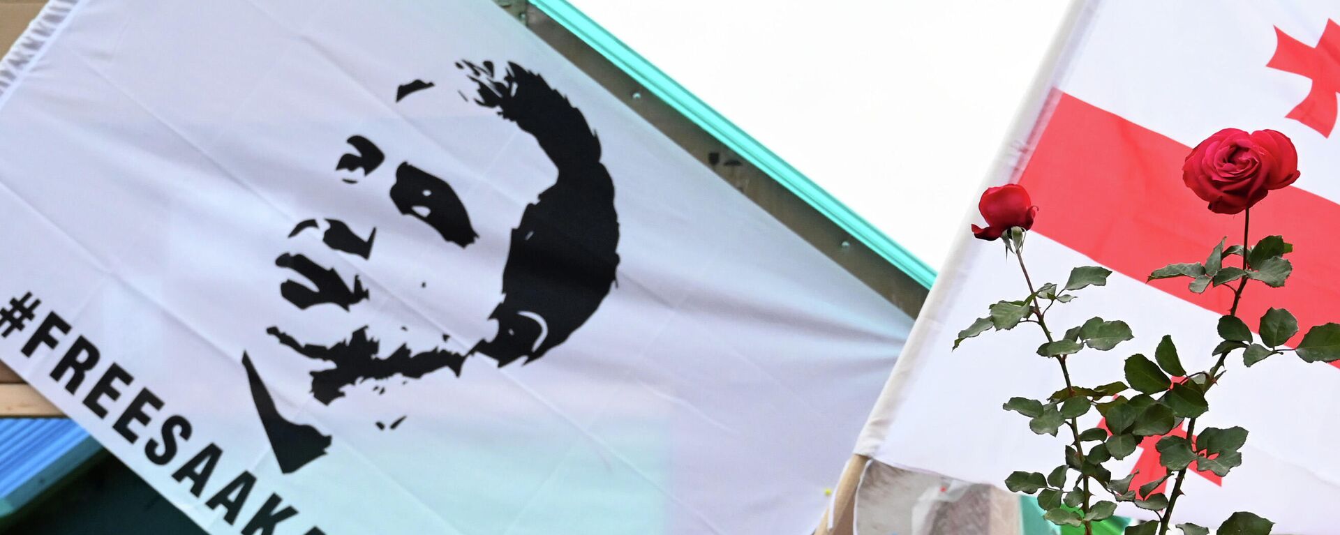 Портрет Саакашвили на плакате протестующей оппозиции и его сторонников из ЕНД - Sputnik Грузия, 1920, 11.11.2021