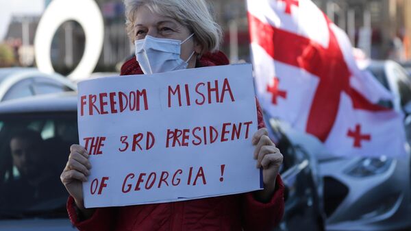 Акция оппозиции и ЕНД в поддержку Саакашвили. Женщина держит плакат Свободу Мише! - Sputnik Грузия