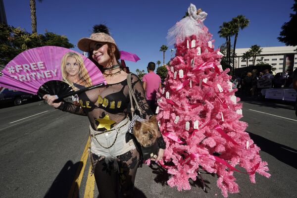 Новогоднее дерево &quot;Свободная Бритни&quot;, установленное фанатами Бритни Спирс перед зданием суда в Лос-Анджелесе - Sputnik Грузия