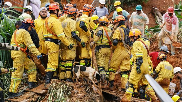 Пожарные во время поиска жертв схода оползня в бразильском штате Сан-Паулу  - Sputnik Грузия
