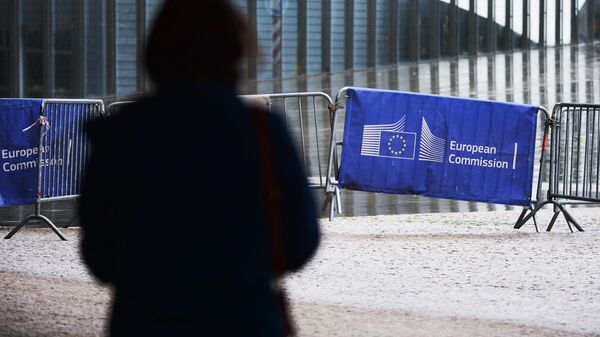 Логотип Евросоюза на ограждении возле здания штаб-квартиры Европейского парламента в Брюсселе - Sputnik Грузия