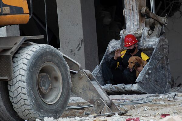 Спасатель и его поисковая собака перевозятся на лопате землеройной машины для поиска выживших на месте взрыва, произошедшего в пятизвездочном отеле на Кубе - Sputnik Грузия