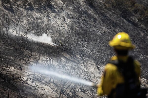 Быстро распространяющийся лесной пожар, подпитываемый ветрами с Тихого океана, горит недалеко от нескольких кварталов в Лагуна-Хиллз, штат Калифорния, к югу от Лос-Анджелеса - Sputnik Грузия