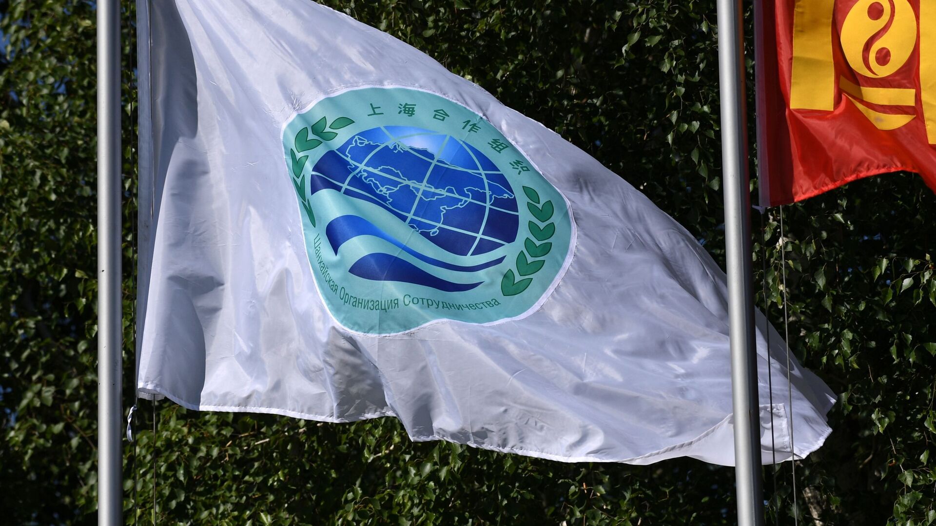 Флаг с эмблемой саммита ШОС перед началом заседания Совета глав государств - членов Шанхайской организации сотрудничества в государственной резиденции Ала-Арча в Бишкеке - Sputnik Грузия, 1920, 25.08.2022