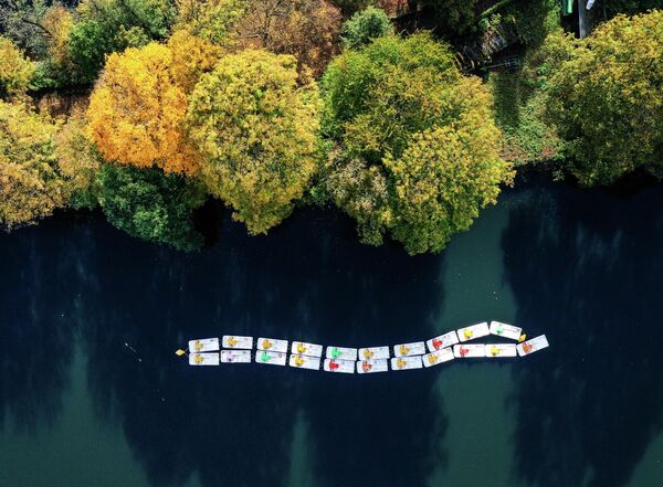 Вид с воздуха на водные велосипеды на озере Хенгстей в западной Германии - Sputnik Грузия