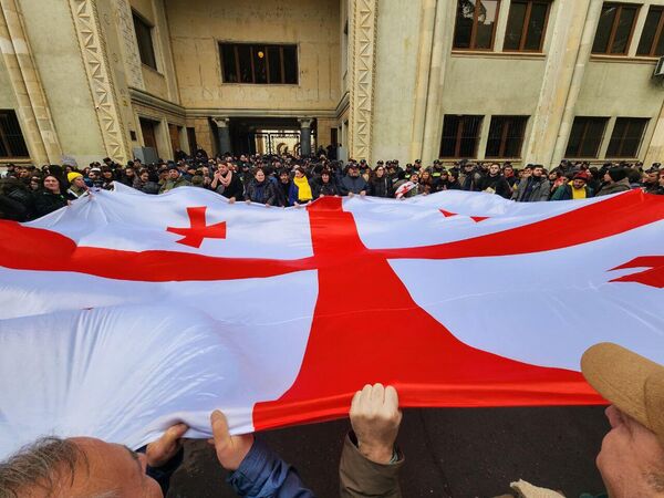 А тут мы видим, как протестующие принесли к зданию парламента Грузии огромный грузинский флаг - Sputnik Грузия