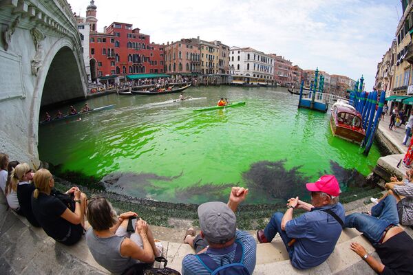 Флуоресцентно-зеленые воды неизвестного происхождения, появившиеся под мостом Риальто на Большом канале Венеции. - Sputnik Грузия