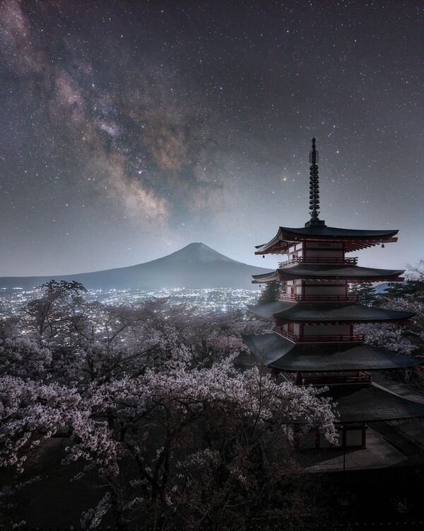 &quot;Пейзаж, который я хотел увидеть&quot; фотографа Мицухиро Окабе.Этот кадр сделан в Японии, с ее узнаваемым пейзажем, включая храм и гору Фудзи, в сезон цветения сакуры. - Sputnik Грузия
