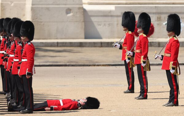 Солдат гренадерской гвардии падает в обморок во время полкового смотра на параде конной гвардии в Лондоне. - Sputnik Грузия