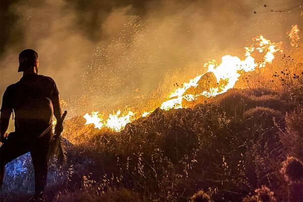Мужчина наблюдает за пожаром на склоне холма в южном ливанском городе Ибл-аль-Саки. - Sputnik Грузия