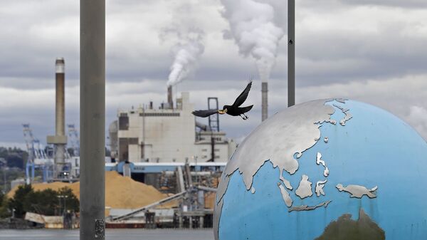 Птица взлетает со скульптуры земного шара в на фоне бумажной фабрики WestRock, фото из архива - Sputnik Грузия