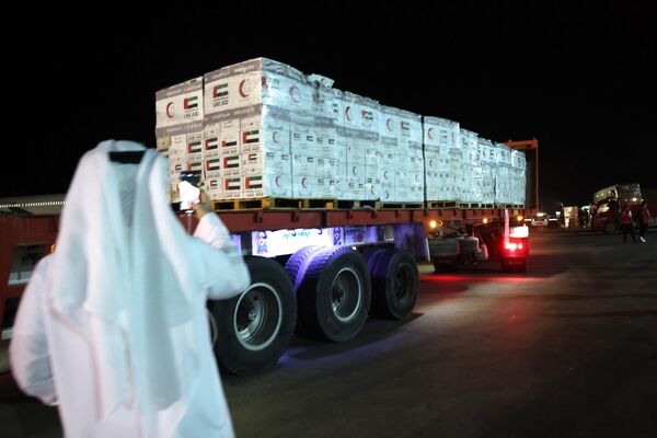 Официальный представитель Эмиратов фотографирует коробки с гуманитарной помощью, перевозимые после приземления в египетском международном аэропорту Ариш. - Sputnik Грузия