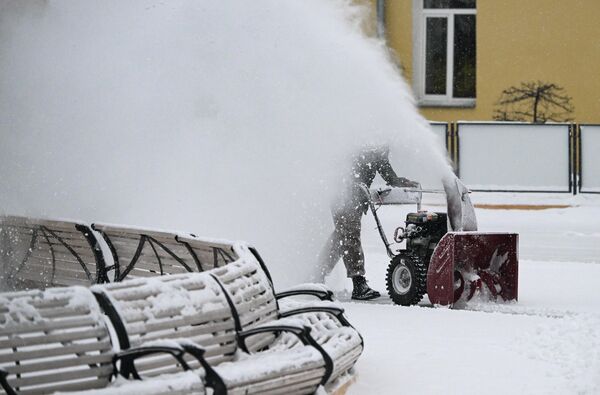 Рабочий чистит каток от снега в Центральном парке в Новосибирске. - Sputnik Грузия