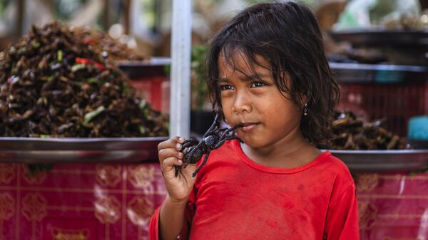 Девочка ест жареного паука на рынке в Камбодже - Sputnik Грузия