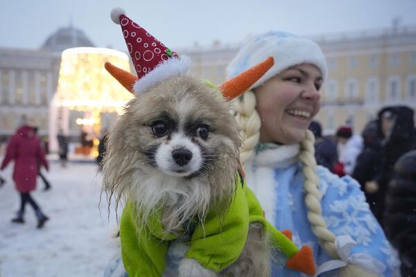 Женщина в костюме Снегурочки держит свою собаку на Дворцовой площади в Санкт-Петербурге. - Sputnik Грузия