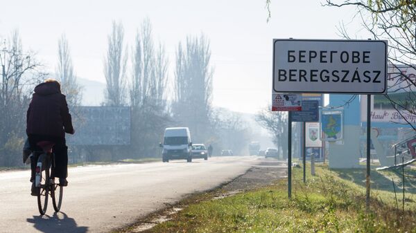 Надписи на украинском и венгерском языках на указателе в городе Берегово в Закарпатской области Украины - Sputnik Грузия