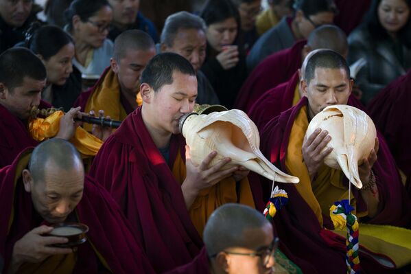 Тибетские буддийские монахи трубят в церемониальные раковины во время утренней молитвы по случаю первого дня лунного Нового года в храме, Индия. - Sputnik Грузия