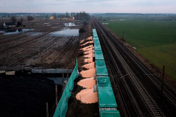 Грузовой поезд следовал из Украины, восемь вагонов с кукурузой были вскрыты, а их содержимое выброшено на железнодорожные пути в Польше 25 февраля 2024 года. - Sputnik Грузия