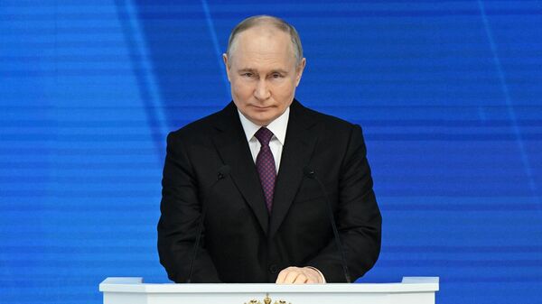 Президент РФ Владимир Путин выступает с посланием Федеральному Собранию (29 февраля 2024). Москвa - Sputnik Грузия