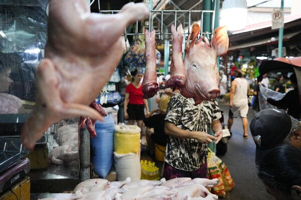 Продавец мяса считает деньги на открытом рынке в Марикине, Филиппины. - Sputnik Грузия