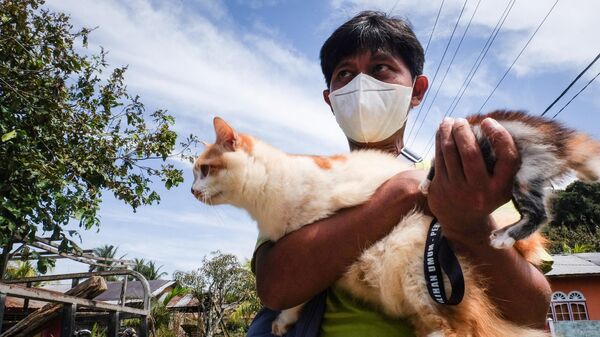 Волонтер спасает кошек из заброшенного дома после извержения вулкана Руанг, Индонезия - Sputnik Грузия