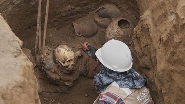Археолог работает на месте, где городские рабочие обнаружили древние останки, Перу - Sputnik Грузия