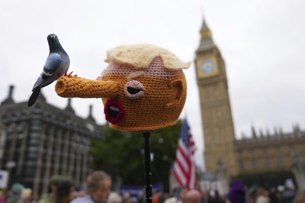 Протестующий держит голову Пиноккио-Трампа во время демонстрации против государственного визита президента Дональда Трампа, Лондон. - Sputnik Грузия