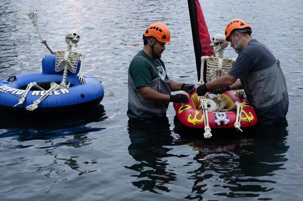 Рабочие закрепляют фигурки скелетов на надувной камере перед регатой "Гигантская тыква" в США. Рабочие закрепляют фигурки скелетов на надувной камере перед регатой "Гигантская тыква" в США. - Sputnik Грузия