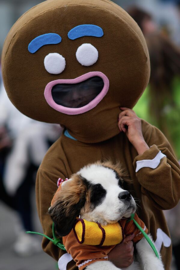 Женщина, одетая в костюм имбирного пряника, участвует в ежегодном рождественском параде со своей собакой в ​​Ла-Пасе, Боливия. - Sputnik Грузия