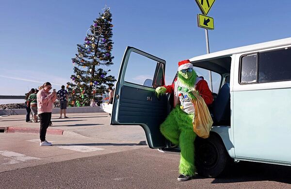 Мужчина в костюме Гринча перед началом рождественского празднования на Оушен-Бич в Сан-Диего, Калифорния. - Sputnik Грузия