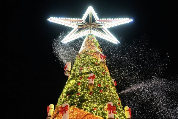 Рождественская елка, припорошенная снегом, на ярмарке аттракционов в Херне, Германия. - Sputnik Грузия