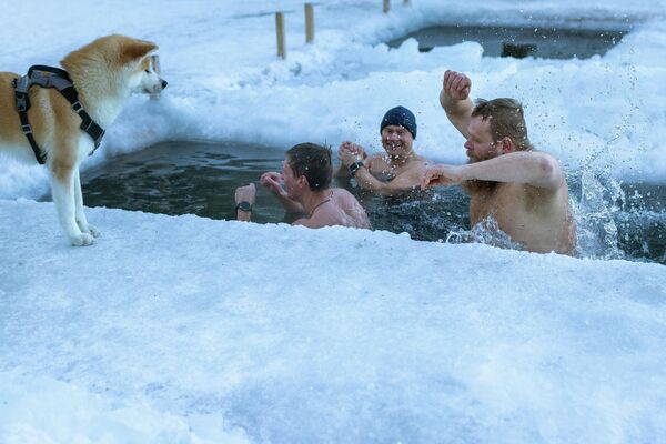 მამაკაცები ვილნიუსის მახლობლად მდებარე ტბაში ბანაობენ. - Sputnik საქართველო