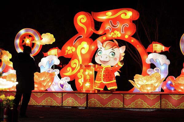 პეკინში ახალი წლის ზეიმის მოლოდინში ვიზიტორები განათებული ფარნების რიგებთან დგანან. - Sputnik საქართველო